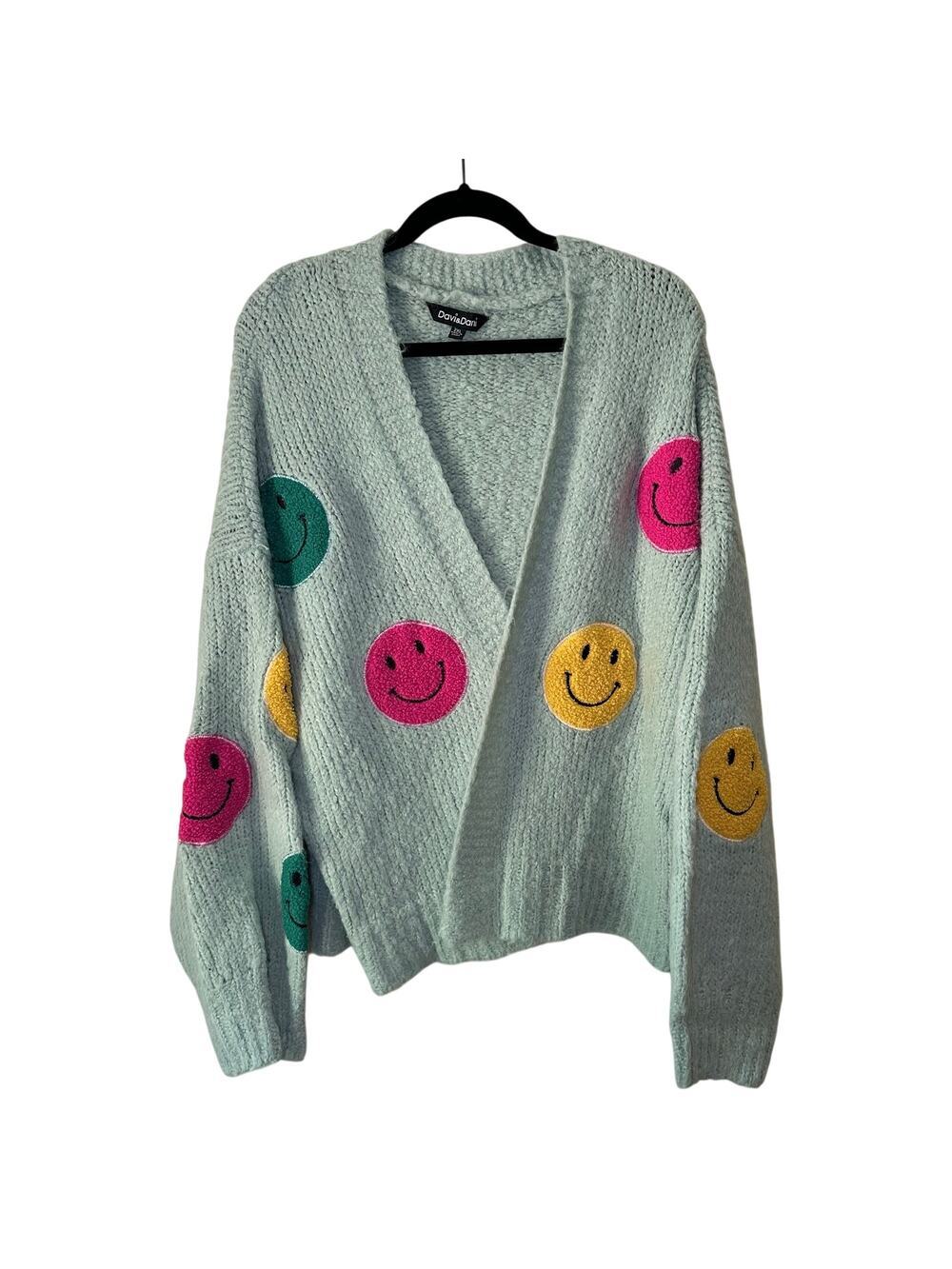 Davi & Dani Green Fuzzy Smile Face Kidcore Long Sleeve Cardigan 2XL